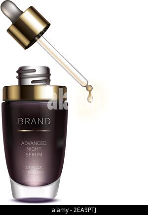 Sérum cosmétique de nuit pour les soins du visage, vecteur réaliste. Flacon en verre violet avec pipette goutte à goutte et goutte d'or liquide de sérum revitalisant, isolé sur blanc. Design de marque pour les cosmétiques haut de gamme Illustration de Vecteur