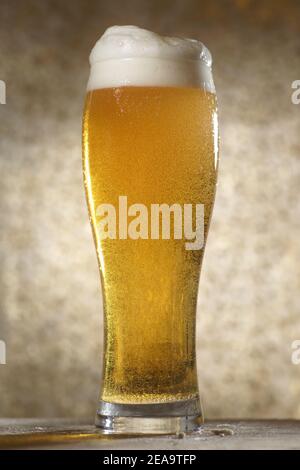 Beer.pinte de bière en gros plan isolé sur un fond abstrait. Bière légère Cold Craft dans un verre Banque D'Images