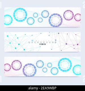 Ensemble de vecteur scientifique moderne des bannières. La structure d'ADN avec des lignes et points. La science et technologie concept. Graphique de flux d'onde Illustration de Vecteur