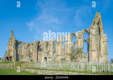 Les ruines de l'abbaye de Bolton dans le Yorkshire photographiées contre un ciel bleu Banque D'Images