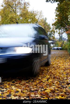 Allemagne, Bavière, feuilles d'automne sur la route, route de campagne, arbres à feuilles caduques, voiture en mouvement, risque de glissade Banque D'Images