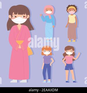 groupe de filles diverses portant un masque facial pour la protection contre le virus illustration vectorielle Illustration de Vecteur