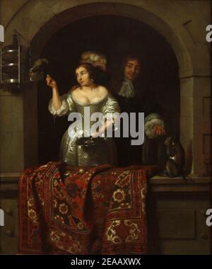 Caspar Netscher - UNE dame avec un perroquet et un gentleman avec un singe (1664). Banque D'Images