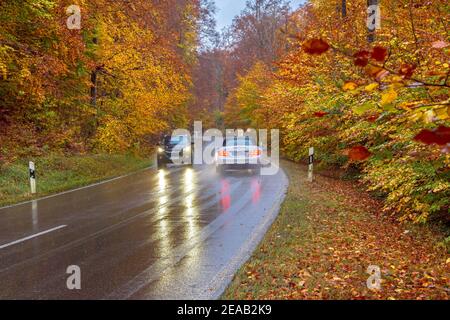 Trafic sur une route de campagne sous la pluie à travers une forêt en automne, haute-Bavière, Bavière, Allemagne, Europe Banque D'Images