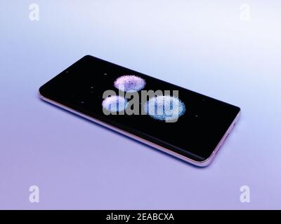 Smartphone infecté, téléphone mobile isolé, nettoyer votre téléphone mobile de COVID-19, coronavirus , Covid-19, virus de la grippe de smartphone sous la santé, M Banque D'Images