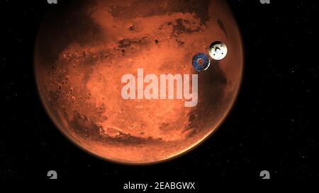 NASA. 08th Feb, 2021:cette illustration montre la persévérance rover de la NASA qui a fait sortir son vaisseau spatial de l'étape de croisière, quelques minutes avant d'entrer dans l'atmosphère martienne. Des centaines d'événements critiques dans la séquence d'entrée, de descente et d'atterrissage du rover doivent s'exécuter précisément à temps pour que le rover retouche Mars en toute sécurité le 18 février 2021. Crédit : UPI/Alay Live News Banque D'Images