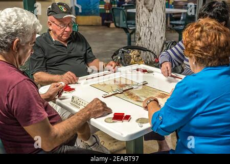 Des résidents cubains de haut niveau jouent des dominos dans un parc de la Calle Ocho, dans la petite Havane de Miami. Banque D'Images