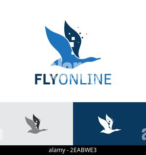 Logo de la technologie en ligne Flying Duck Goose Bird Illustration de Vecteur