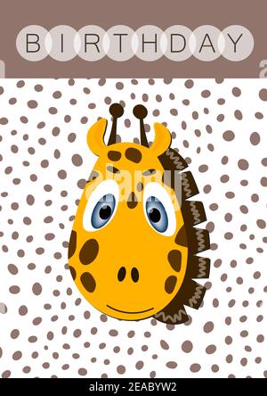 Joyeux anniversaire, vacances, fête de bébé et carte d'invitation. Modèle de mise en page au format A4. Jolie girafe vectorielle colorée sur le visage en pointillés Illustration de Vecteur