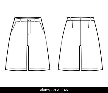 Short style Bermuda à revers pantalon de robe technique illustration de la mode avec longueur au-dessus du genou, taille basse, poche écrasée. Modèle de bas de marche plat à l'avant, à l'arrière, de couleur blanche. Femmes hommes maquette CAD Illustration de Vecteur