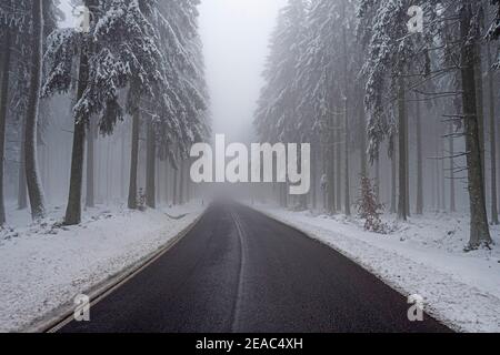 Route de campagne et forêt d'hiver près de Weiskirchen, Hochwald, Hunsrück, Sarre, Allemagne Banque D'Images