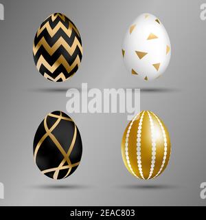 Ensemble d'œufs dorés de Pâques. Œufs de luxe avec différents ornement noir, or et blanc. Vacances de printemps. Illustration vectorielle réaliste. Pour carte de vœux Illustration de Vecteur