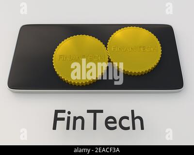 Illustration 3D de deux pièces de monnaie dorées sur l'écran d'un téléphone cellur avec l'impression FinTech, isolée sur dégradé gris. Banque D'Images