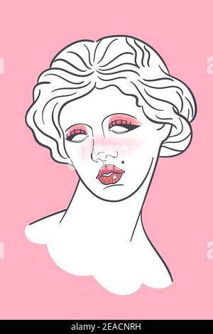 Femme buste antique avec maquillage tendance. Statue grecque vectorielle avec eyeliner moderne pour les yeux de chat et joli fard à joues roses. Vieux portrait de statue dans la rue postmoderne Illustration de Vecteur