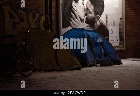 Berlin, Allemagne. 09e février 2021. Les sans-abri dorment dans des tentes sous un pont dans le Tiergarten. Credit: Paul Zinken/dpa/Alay Live News Banque D'Images