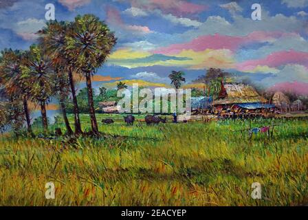 peint à la main original impressionnisme chefs-d'œuvre peintre art contemporain peinture à l'huile campagne thaïlande paysage campagne Banque D'Images