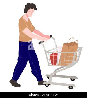 Achats de personnages produits poussant chariot Illustration de Vecteur