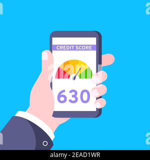Poignée de téléphone intelligent avec indicateur de compteur de vitesse de la jauge de crédit. Mesure de la mauvaise à l'excellente notation pour le crédit ou prêts hypothécaires en ligne fl Illustration de Vecteur