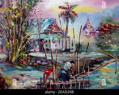 peint à la main original impressionnisme chefs-d'œuvre peintre art contemporain peinture à l'huile campagne thaïlande paysage campagne Banque D'Images