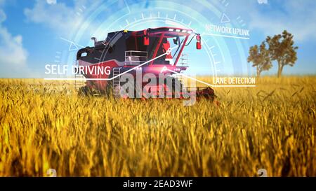 Illustration 3D industrielle avec revêtements numériques de la récolteuse à conduite automatique travail sur le champ rural Banque D'Images