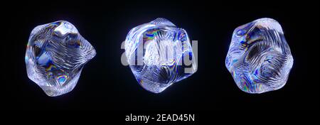 Sphères en cristal abstraites avec dispersion et réfraction isolées sur fond noir. illustration de rendu 3d Banque D'Images