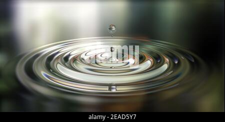 Illustration 3d de la projection de gouttes d'eau en gros plan sur la surface de l'eau Banque D'Images