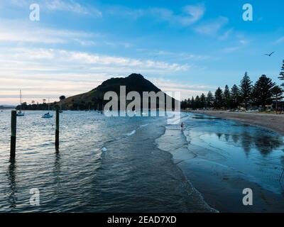 Mont Maunganui mauoa au coucher du soleil depuis la baie pilote et le mont drury tauranga Banque D'Images