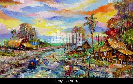 peint à la main original impressionnisme chefs-d'œuvre peintre art contemporain peinture à l'huile campagne thaïlande paysage campagne Banque D'Images