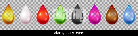 Gouttes de liquide réalistes. gouttelettes d'eau, de sang, de thé vert et noir, de crème, d'essence et d'huile en 3d. Ensemble de maquillage à motif de gouttes roses et dorées Illustration de Vecteur