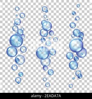 Bulles d'air sous l'eau. Gaz de fenizing volant dans l'eau ou boisson soda. Flux de groupe de bulles d'oxygène ou de savon réaliste dans un ensemble de vecteurs de mer ou d'aquarium Illustration de Vecteur