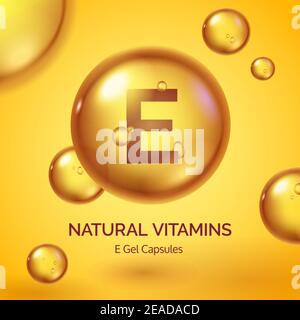 Capsule avec vitamine E. pilule d'or réaliste. Affiche des produits cosmétiques de soin de la peau avec des gouttes d'huile et des bulles. Concept de vecteur de beauté et de santé Illustration de Vecteur