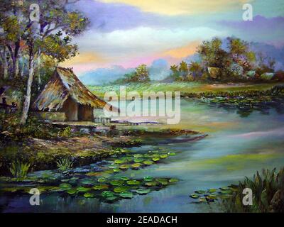 peint à la main original impressionnisme chefs-d'œuvre peintre art contemporain peinture à l'huile campagne thaïlande paysage campagne Banque D'Images