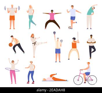 Sportifs. Les hommes et les femmes font de l'exercice, font de l'exercice, font du yoga et de la remise en forme, courent et jouent au basket-ball. Jeu de vecteurs de personnages sains Illustration de Vecteur
