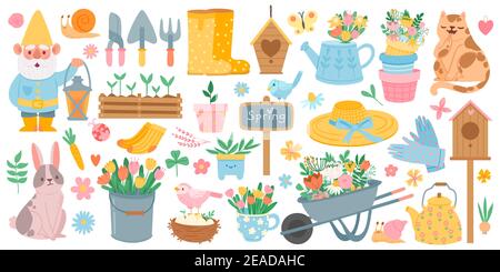 Eléments de ressort. Fleurs en fleurs, animaux et oiseaux mignons. Décoration de jardin printanière, maison d'oiseaux, outil et plantes, ensemble de vecteurs de dessins animés Illustration de Vecteur