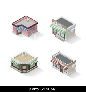 Ensemble de magasins de vecteur isométrique. Illustration vectorielle du magasin, du restaurant, du marché, du magasin. Illustration de Vecteur