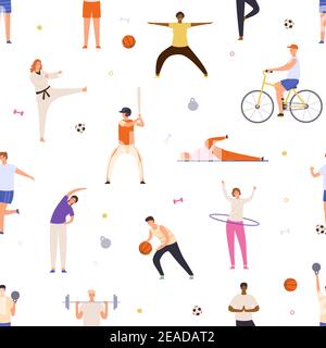 Les gens font de l'exercice sans couture. Homme et femme actifs font du yoga, du sport, de la bicyclette et jouent au basket-ball. Imprimé vectoriel plat et sain Illustration de Vecteur