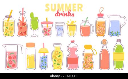 Jus de dessins animés et limonade. Boissons rafraîchissantes d'été au citron dans un verre, une bouteille ou une carafe. Ensemble de cocktails et boissons aux fruits ou aux baies Illustration de Vecteur