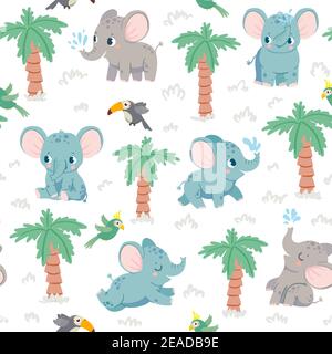 Motif sans coutures pour bébés éléphants. Caricature d'éléphants dans la jungle avec des palmiers et des perroquets. Imprimé en tissu de pépinière avec texture vectorielle d'animal tropical Illustration de Vecteur