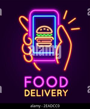 Affiche au néon de livraison d'aliments. Bannière lumineuse avec smartphone à la main et hamburger. Application mobile pour le concept de vecteur de commande de café de restauration rapide en ligne Illustration de Vecteur