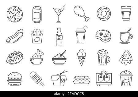Icônes de la gamme de produits alimentaires rapides. Cafétéria snack, sandwich, boisson, pizza, hamburger et hot dog. Définir les plats à emporter et le menu du café symbolisé ensemble vectoriel Illustration de Vecteur
