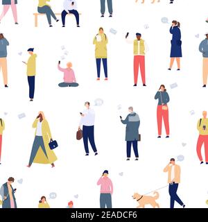 Une foule de téléphones avec un motif sans couture. Faire marcher les gens à l'aide de smartphones et de gadgets. Concept de vecteur de communication et de style de vie mobile Illustration de Vecteur