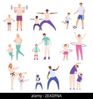 Parents et enfants faisant du sport. Le père et son fils jouent au football, la mère et la fille font de l'exercice physique. Ensemble de vecteurs d'activité physique de la famille Illustration de Vecteur