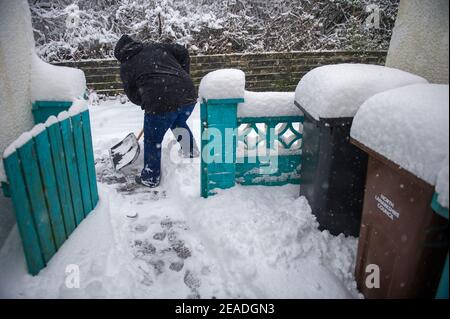 Glasgow, Écosse, Royaume-Uni. 9 février 2021. Sur la photo : une personne déverse une neige empilée sur un chemin piétonnier avec une pelle à neige tandis que Storm Darcy a déposé près d'un pied de neige sur des chemins de nuit bloquant et se renversant sur les murs, les portes, les bennes à roues. La nuit précédente a également vu la neige tomber, mais pas autant que la nuit dernière. Les températures glaciales se sont maintenues autour de -1C, la nuit dernière étant la plus froide jusqu'à présent. Crédit : Colin Fisher/Alay Live News Banque D'Images