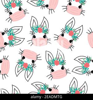 Lapin de Pâques Covid avec masque facial motif vectoriel sans couture. Répétition de la pandémie de coronavirus Pâques lapin fleur fond vacances de Pâques. Mignon Illustration de Vecteur