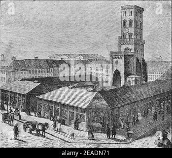 Nikolaj Tårn med Slatterboderne. Banque D'Images