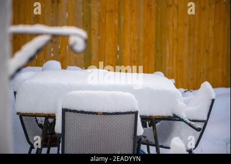 Glasgow, Écosse, Royaume-Uni. 9 février 2021. Photo : une épaisse couverture de lourds tapis de neige s'étend sur les jardins du pays de l'Écosse centrale après que Storm Darcy ait déposé près d'un pied de neige sur des chemins de nuit bloquant et se réponnant sur les murs, les portes, les bennes à roues. La nuit précédente a également vu la neige tomber, mais pas autant que la nuit dernière. Les températures glaciales se sont maintenues autour de -1C, la nuit dernière étant la plus froide jusqu'à présent. Crédit : Colin Fisher/Alay Live News Banque D'Images