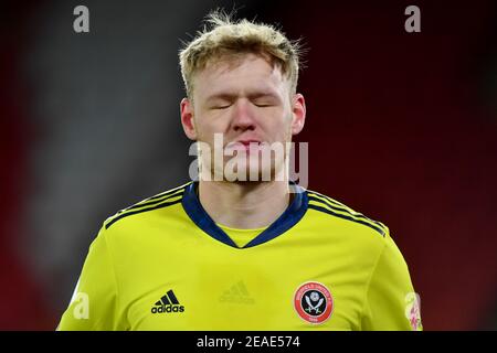 Sheffield, Royaume-Uni, le 7 février 2021. Aaron Ramsdale, gardien de but de Sheffield United, réagit. Crédit : Anthony Devlin/Alay Live News Banque D'Images