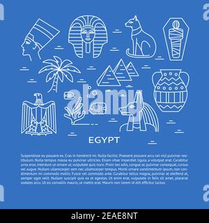Bannière avec symboles Égypte en style ligne et place pour le texte. Symboles nationaux, dont pharaon, Nefertiti et pyramides. Illustration vectorielle. Illustration de Vecteur