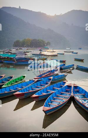 Bateaux en bois colorés au lac Phewa. Pokhara. Népal. Banque D'Images