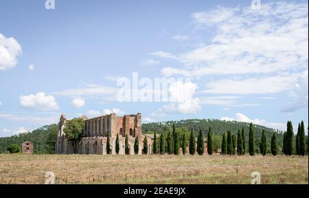 Ruines abandonnées de l'abbaye de San Galgano, un ancien site de pèlerinage à Vald'Orcia, Toscane, Italie, avec chemin cyprès et colline Banque D'Images